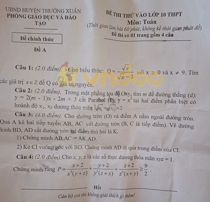Đề thi thử vào lớp 10 môn Toán phòng GD&ĐT huyện Thường Xuân năm 2021