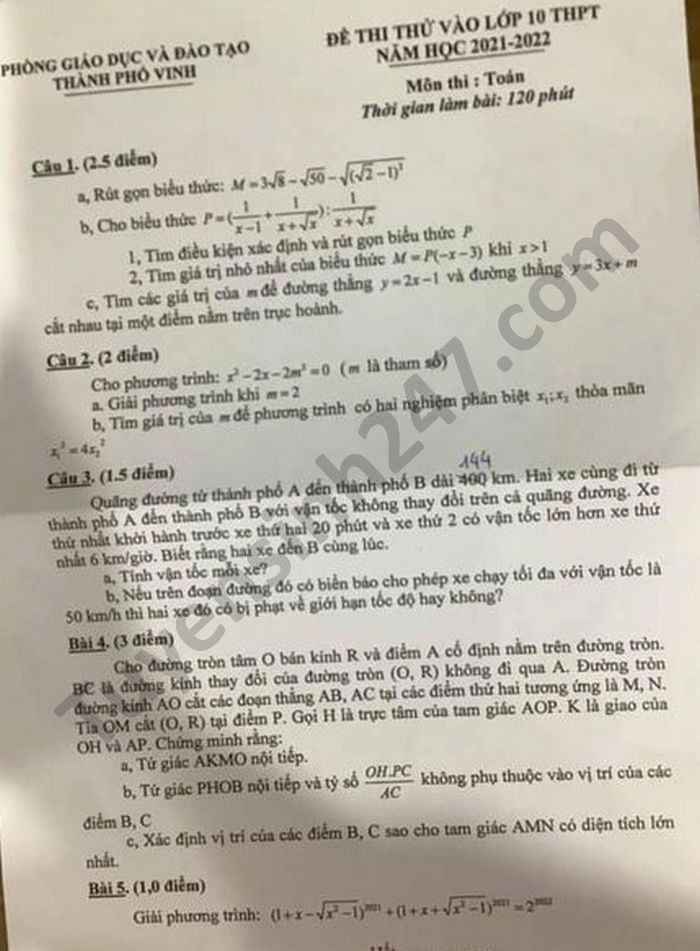 Đề thi thử vào lớp 10 môn Toán phòng GD&ĐT thành phố Vinh năm 2021 - 2022