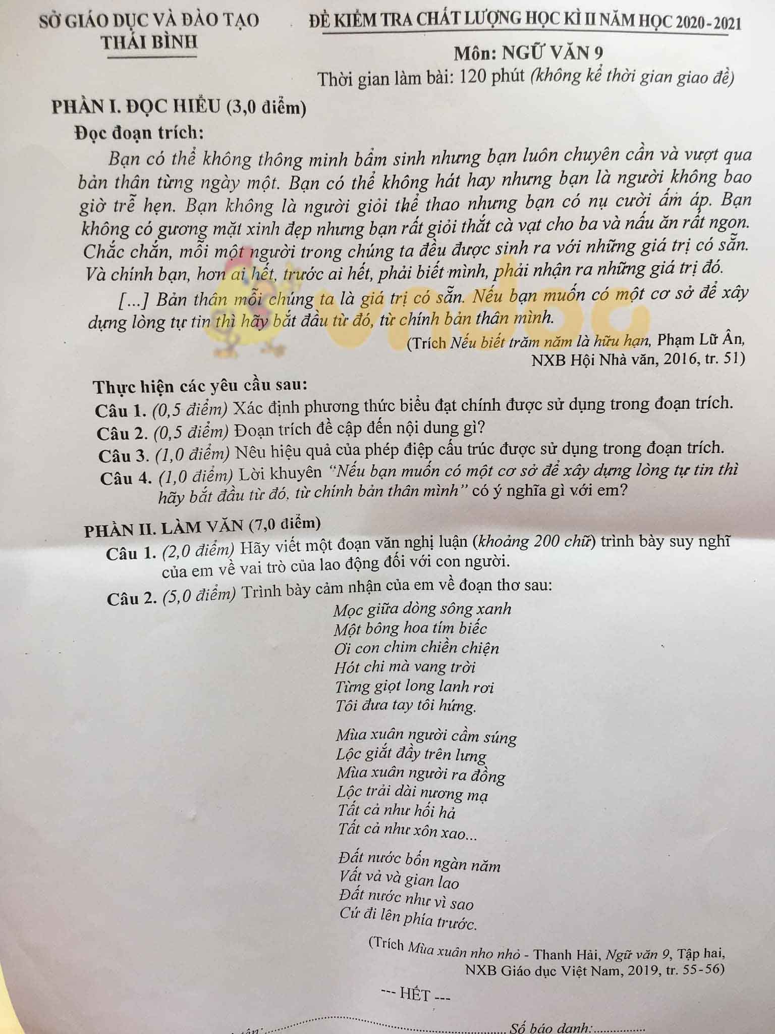 Đề thi học kì 2 lớp 9 môn Văn Sở GD&ĐT Thái Bình năm 2020 - 2021