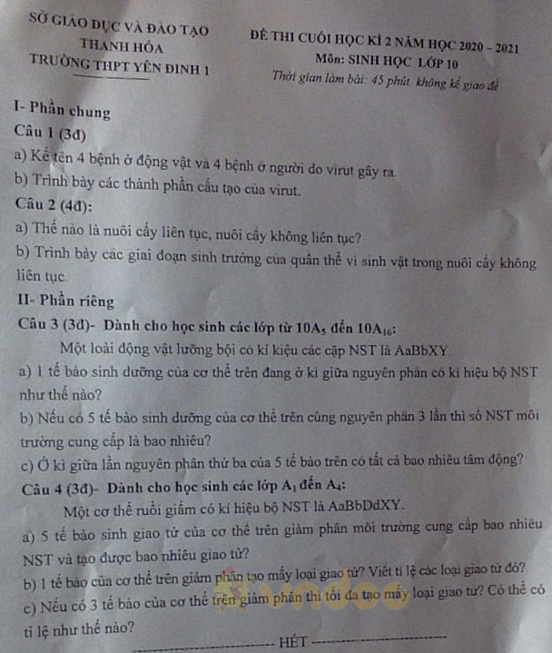 Đề thi học kì 2 môn Sinh học lớp 10 trường THPT Yên Định 1, Thanh Hóa năm 2020-2021