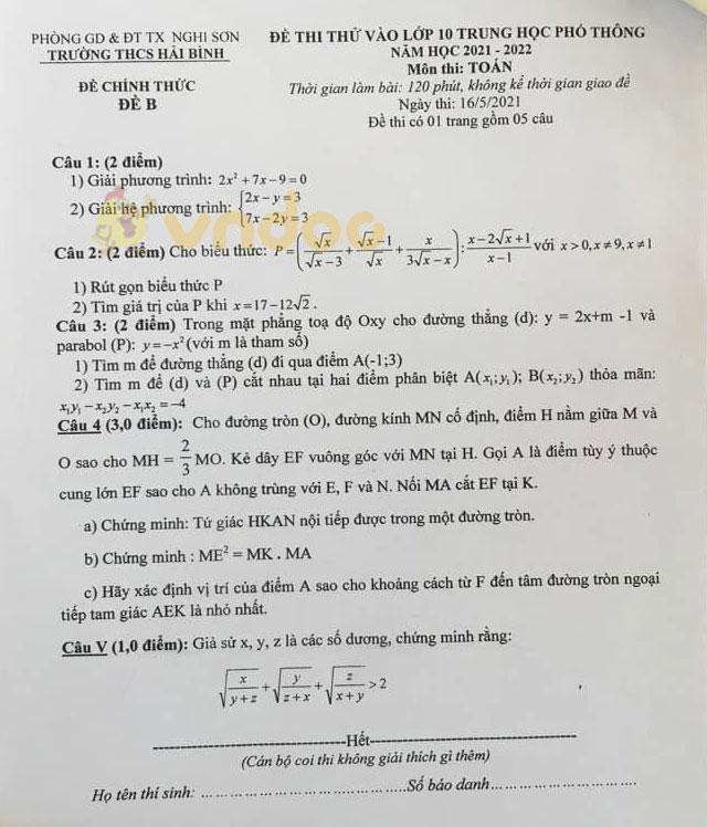 Đề thi thử vào lớp 10 môn Toán Trường THCS Hải Bình, Nghi Sơn năm 2021 - 2022