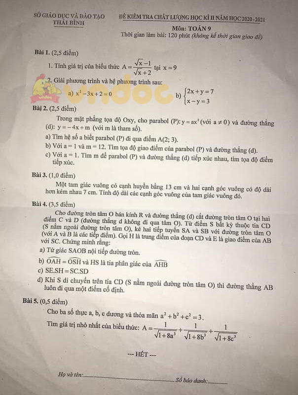 Đề thi học kì 2 Toán 9 Sở GD&ĐT Thái Bình năm 2020 - 2021
