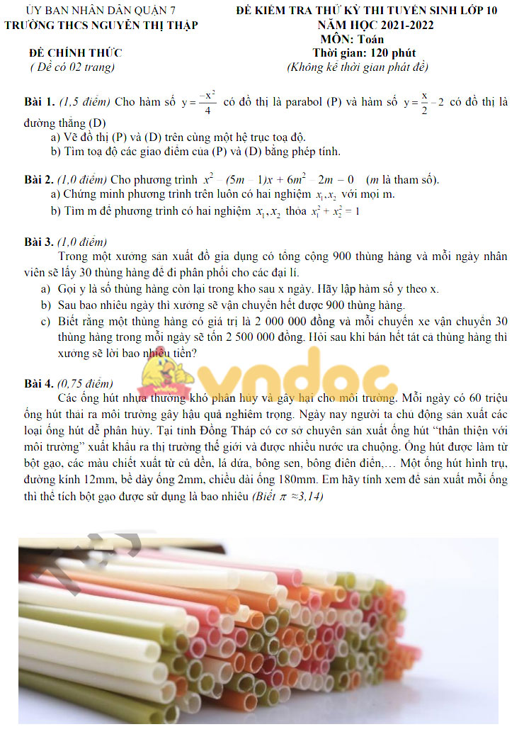 Đề thi thử vào lớp 10 môn Toán Trường THCS Nguyễn Thị Thập năm 2021 - 2022