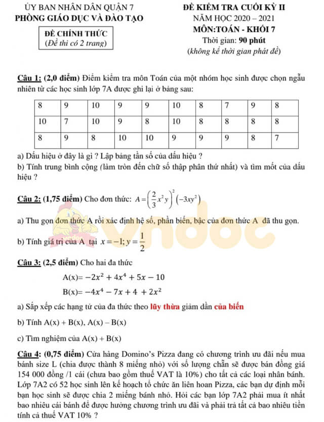 Đề thi hk2 Toán 7