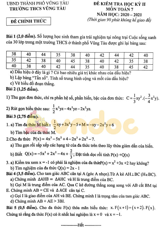 Đề thi học kì 2 Toán 7