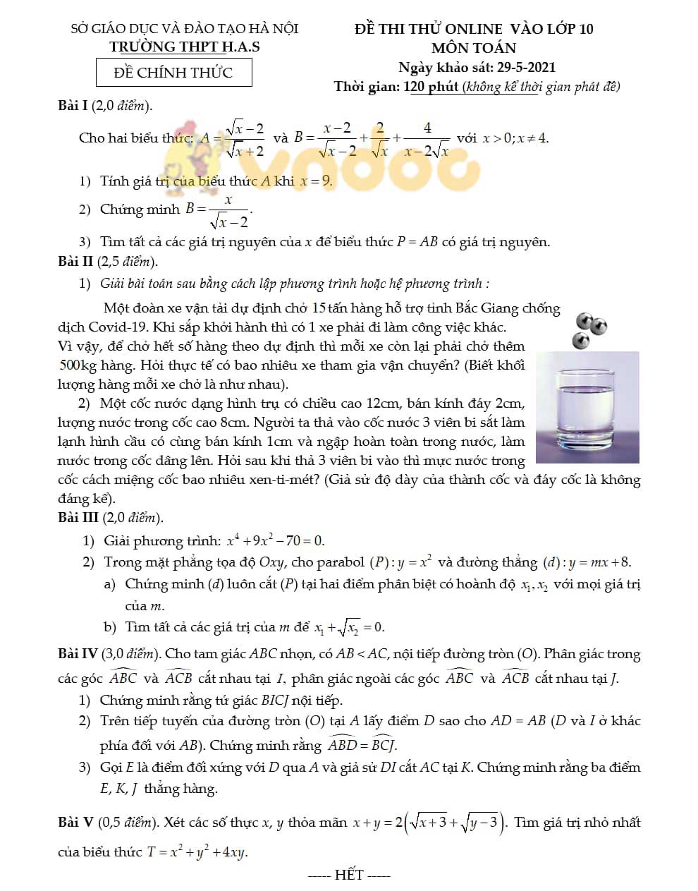 Đề thi thử vào lớp 10 môn Toán Trường THPT H.A.S năm 2021 - 2022