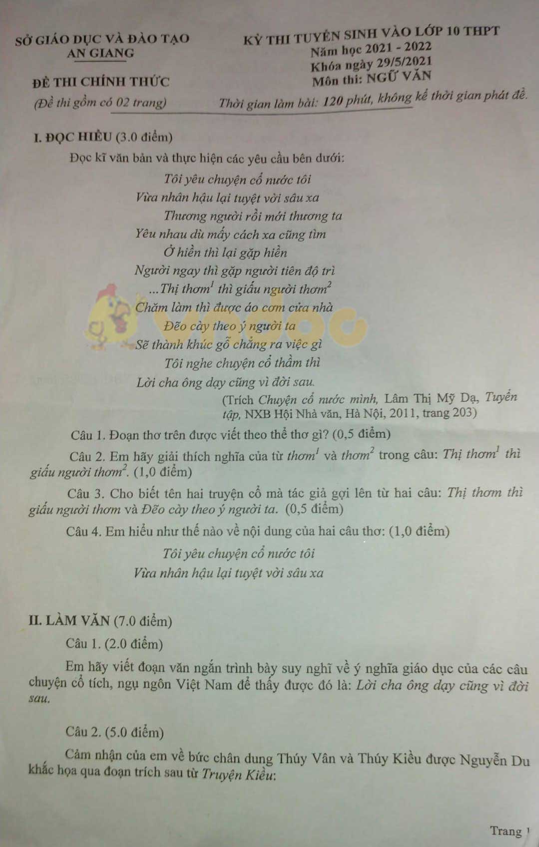 Đáp án đề thi tuyển sinh lớp 10 môn Văn tỉnh An Giang năm 2021