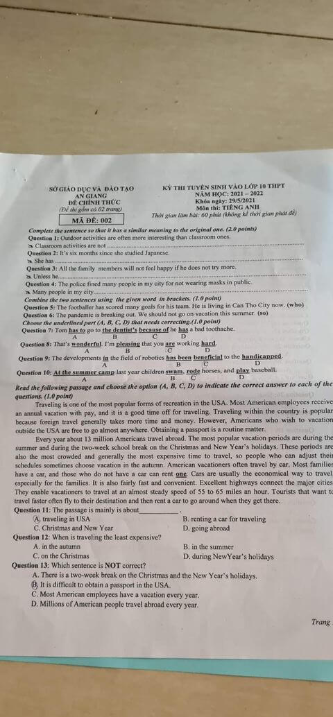 Đáp án Đề thi tuyển sinh lớp 10 môn Anh An Giang 2021