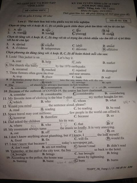 Đáp án Đề thi tuyển sinh lớp 10 môn Anh Vĩnh Long 2021