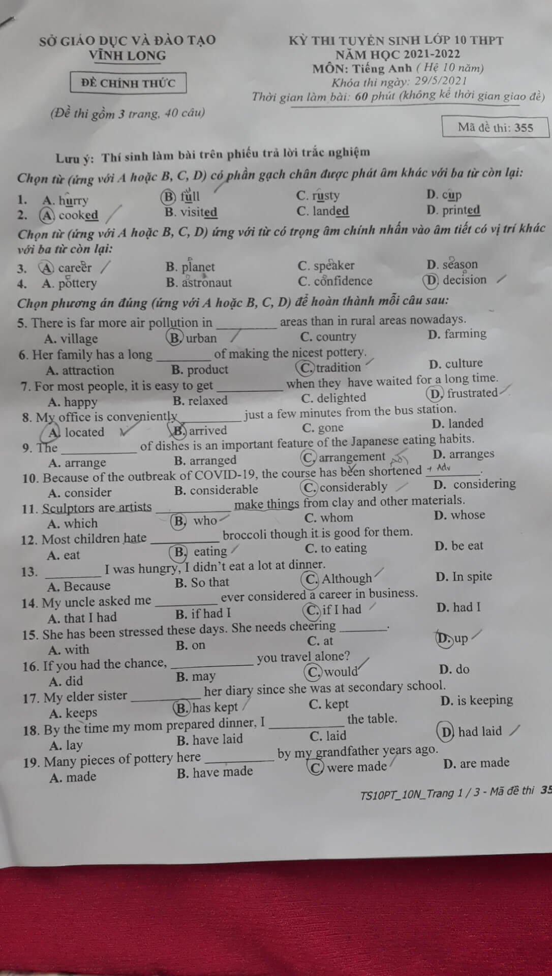 Đáp án Đề thi tuyển sinh lớp 10 môn Anh Vĩnh Long 2021