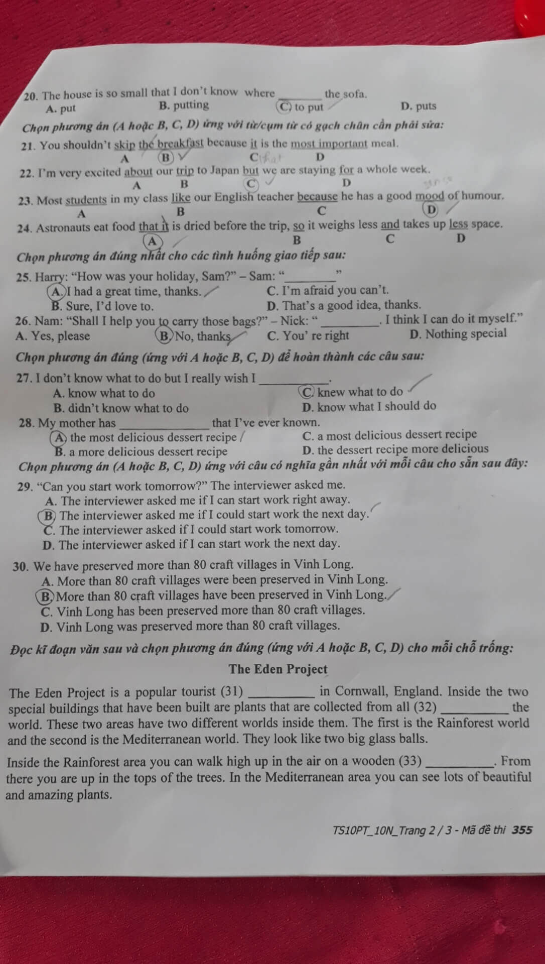 Đáp án Đề thi tuyển sinh lớp 10 môn Anh Vĩnh Long 2021