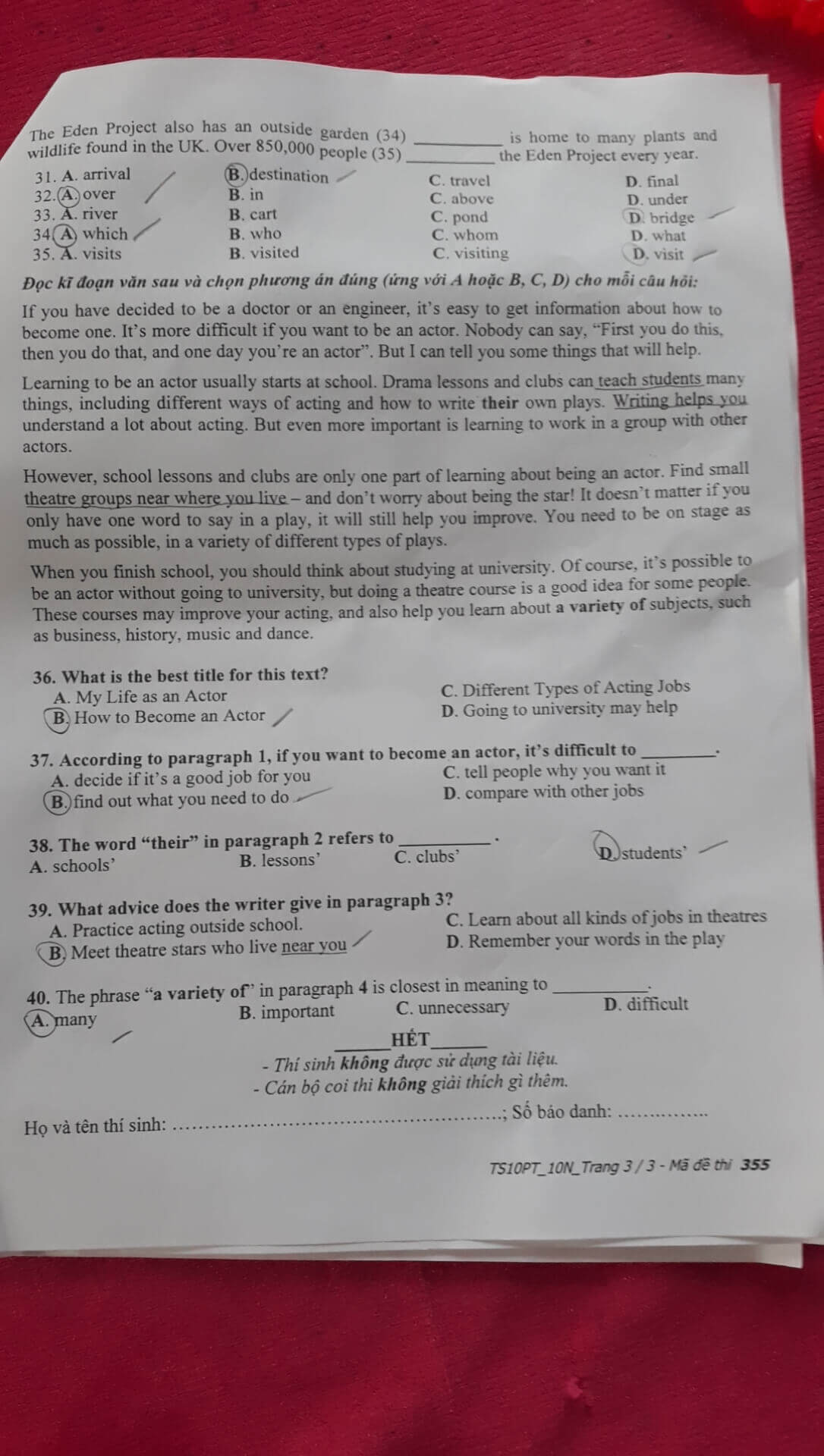 Đáp án Đề thi tuyển sinh lớp 10 môn Anh Vĩnh Long 2021