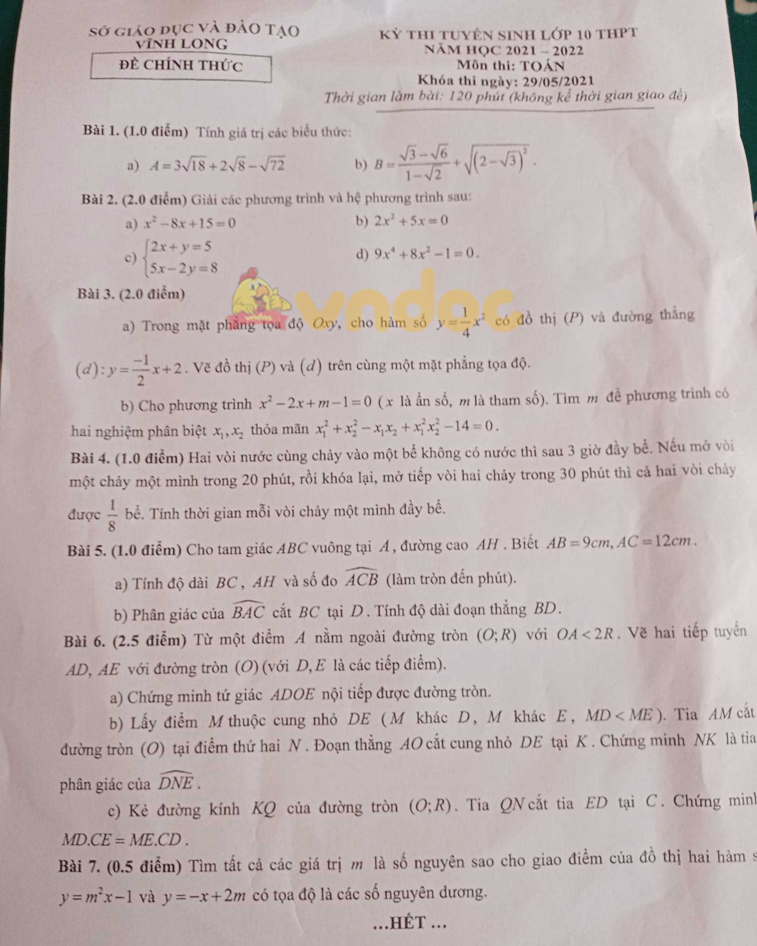 Đáp án đề thi tuyển sinh lớp 10 môn Toán tỉnh Vĩnh Long năm 2021