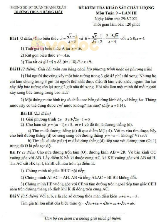 Đề thi thử vào lớp 10 môn Toán Trường THCS Phương Liệt năm 2021 - 2022