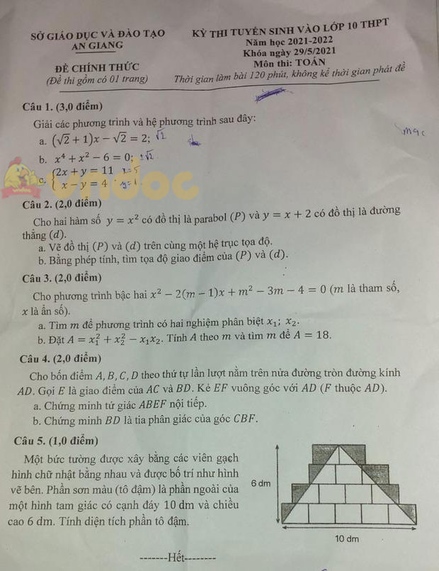 Đáp án đề thi môn Toán năm 2021 An Giang