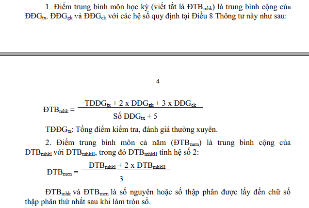 Cách tính điểm học kì và cả năm