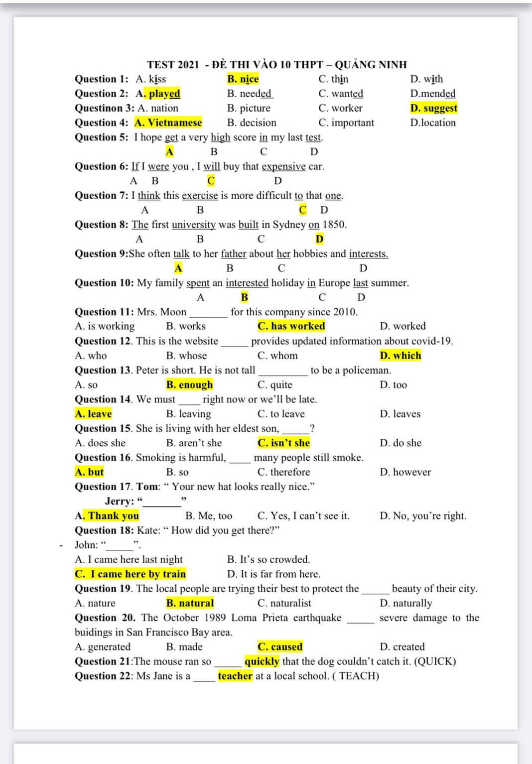 Đáp án Đề thi tuyển sinh lớp 10 môn Anh Quảng Ninh 2021
