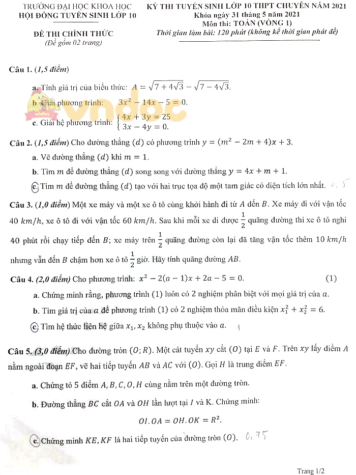 Đáp án đề thi tuyển sinh lớp 10 môn Toán trường THPT chuyên Đại học Khoa Học năm 2021