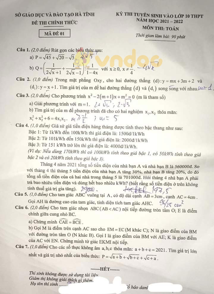 Đề thi tuyển sinh lớp 10 môn Toán tỉnh Hà Tĩnh năm 2021