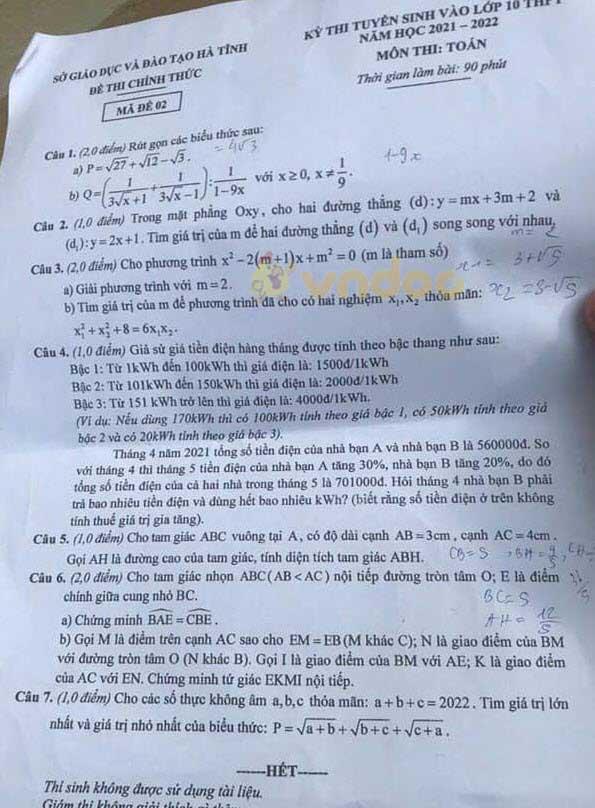 Đề thi tuyển sinh lớp 10 môn Toán tỉnh Hà Tĩnh năm 2021