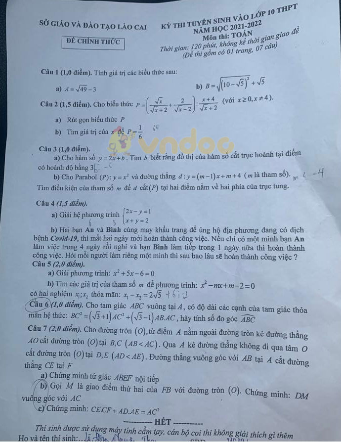 Đáp án đề thi tuyển sinh lớp 10 môn Toán tỉnh Lào Cai năm 2021