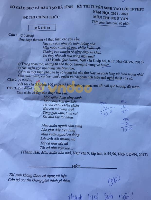 Đề thi tuyển sinh lớp 10 môn Văn tỉnh Hà Tĩnh năm 2021
