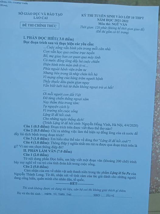Đề thi tuyển sinh lớp 10 môn Văn tỉnh Lào Cai năm 2021