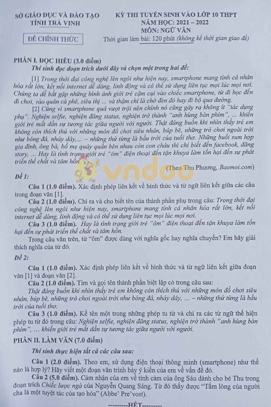 Đáp án đề thi tuyển sinh lớp 10 môn Văn tỉnh Trà Vinh năm 2021