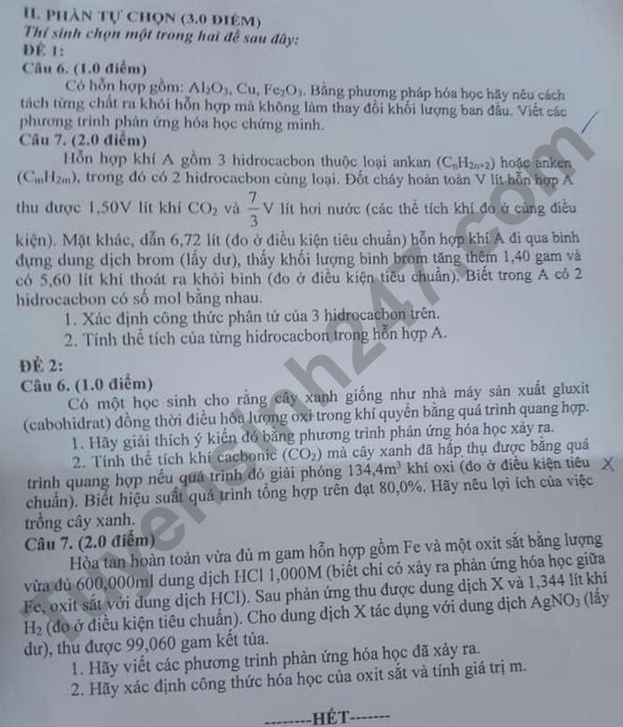 Đáp án đề thi tuyển sinh lớp 10 môn Hóa chuyên tỉnh Trà Vinh năm 2021