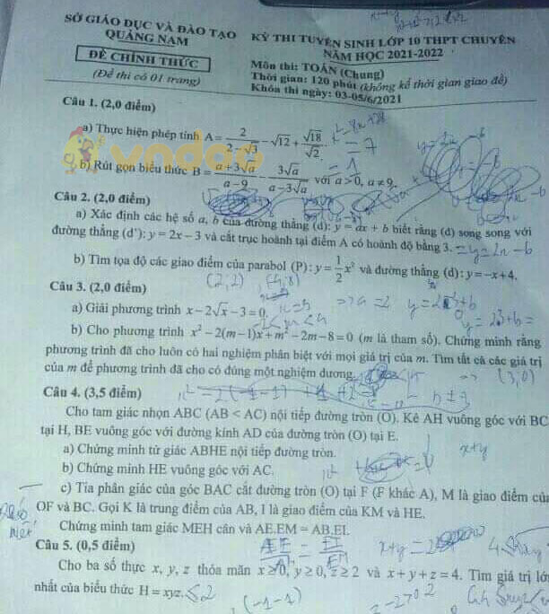 Đáp án đề thi tuyển sinh lớp 10 năm 2021 môn Toán chuyên tỉnh Quảng Nam