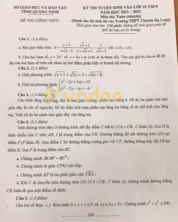 Đáp án đề thi tuyển sinh lớp 10 môn Toán chuyên tỉnh Quảng Ninh năm 2021