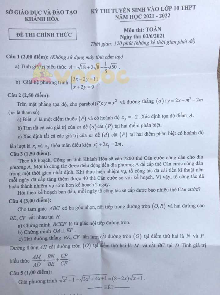 Đề thi tuyển sinh lớp 10 môn Toán Khánh Hòa