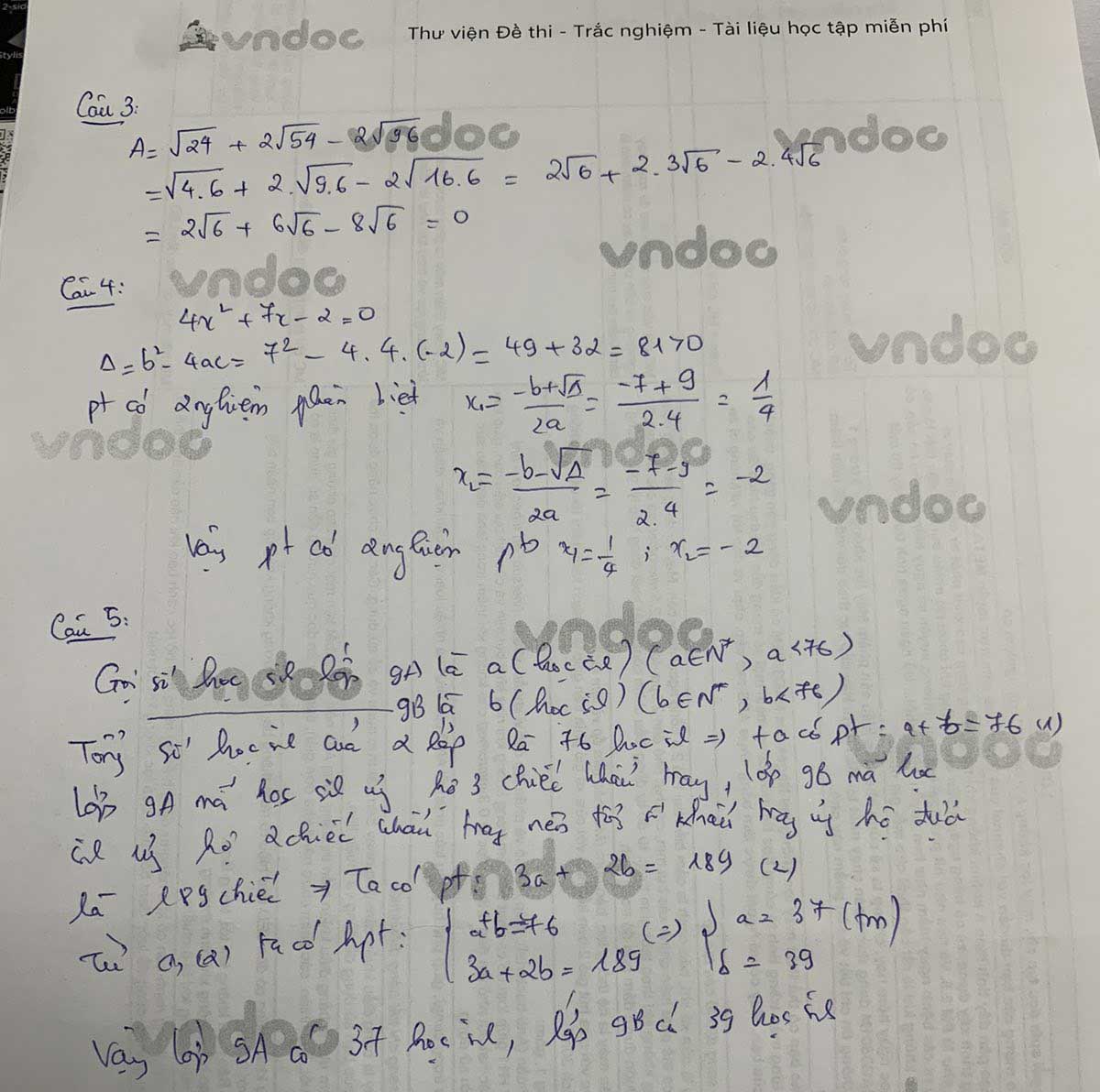 Đáp án đề thi vào lớp 10 môn Toán tỉnh Trà Vinh năm 2021