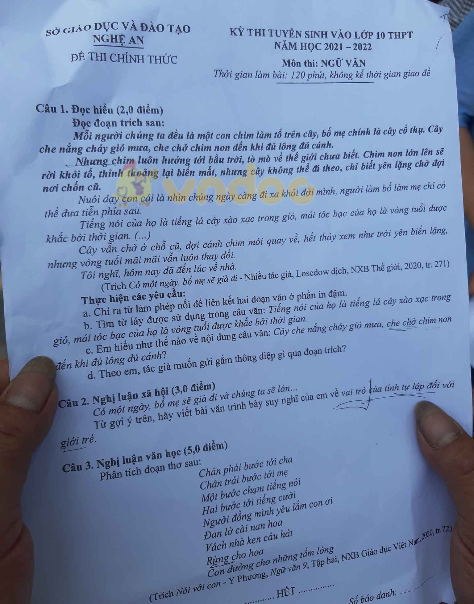 Đề thi tuyển sinh lớp 10 môn Văn tỉnh Nghệ An năm 2021