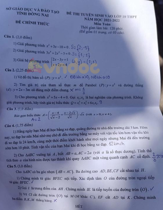 Đáp án đề thi tuyển sinh lớp 10 môn Toán tỉnh Đồng Nai năm 2021