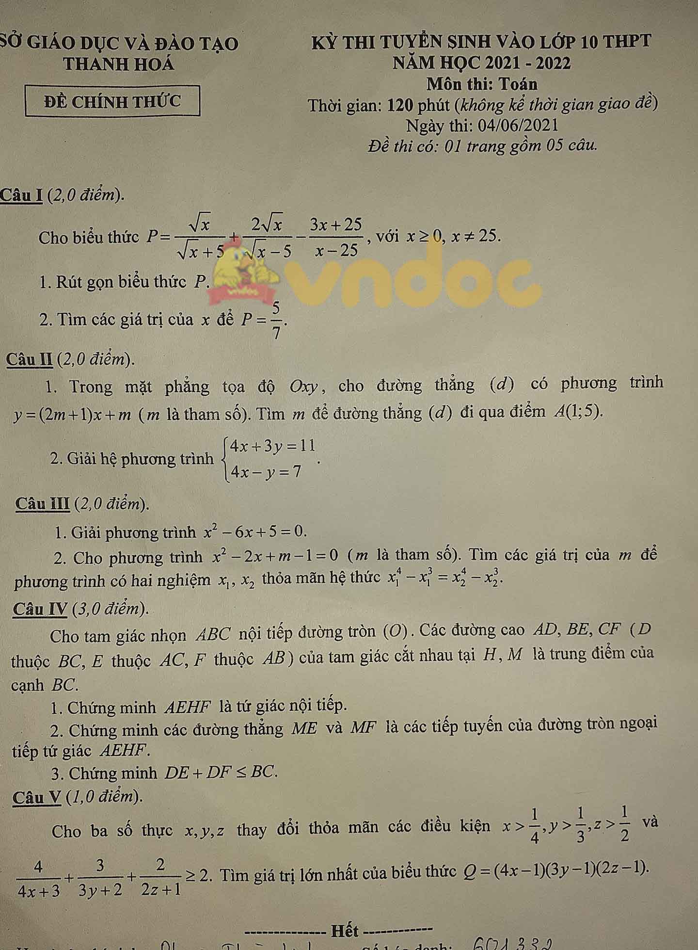Đáp án đề thi tuyển sinh lớp 10 môn Toán tỉnh Thanh Hóa năm 2021