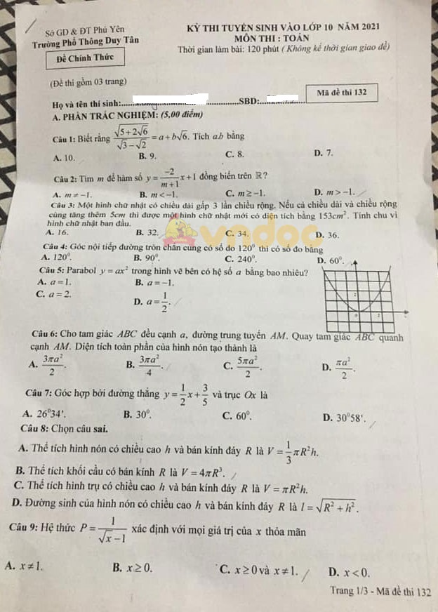 Đề thi tuyển sinh lớp 10 môn Toán Trường THPT Duy Tân năm 2021