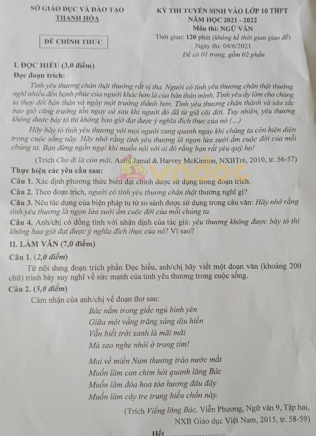 Đề thi tuyển sinh lớp 10 môn Văn tỉnh Thanh Hóa năm 2021