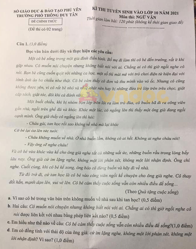 Đáp án đề thi tuyển sinh lớp 10 môn Văn Trường THPT Duy Tân, Phú Yên năm 2021