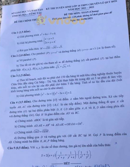 Đề thi tuyển sinh lớp 10 môn Toán Bà Rịa - Vũng Tàu