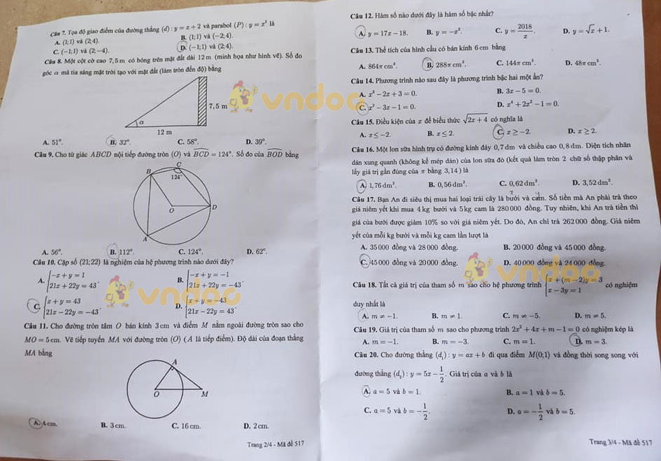 Đề thi tuyển sinh lớp 10 môn Toán Cần Thơ