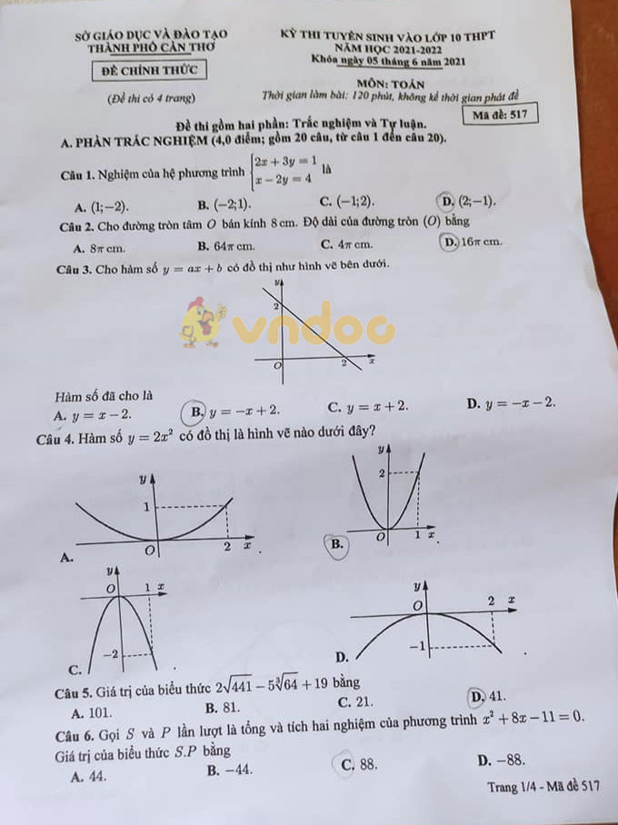 Đề thi tuyển sinh lớp 10 môn Toán Cần Thơ