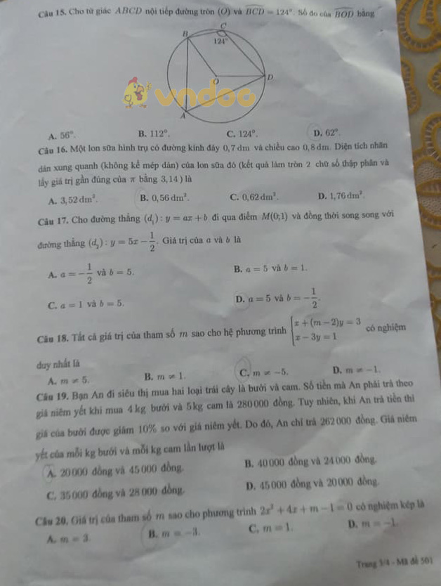 Đề thi tuyển sinh lớp 10 môn Toán Cần Thơ
