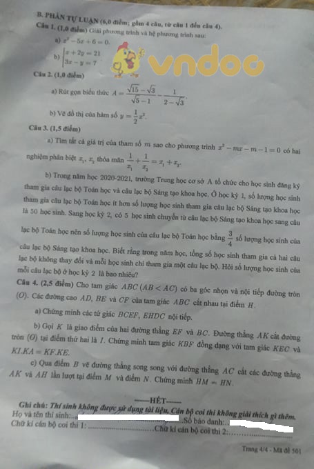 Đề thi tuyển sinh lớp 10 môn Toán Cần Thơ