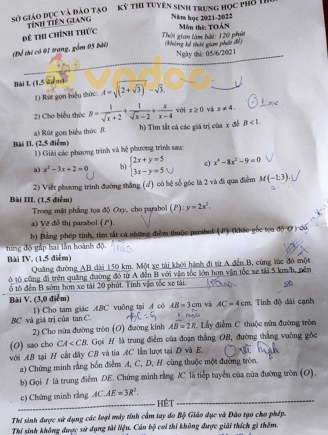 Đề thi tuyển sinh lớp 10 môn Toán Tiền Giang
