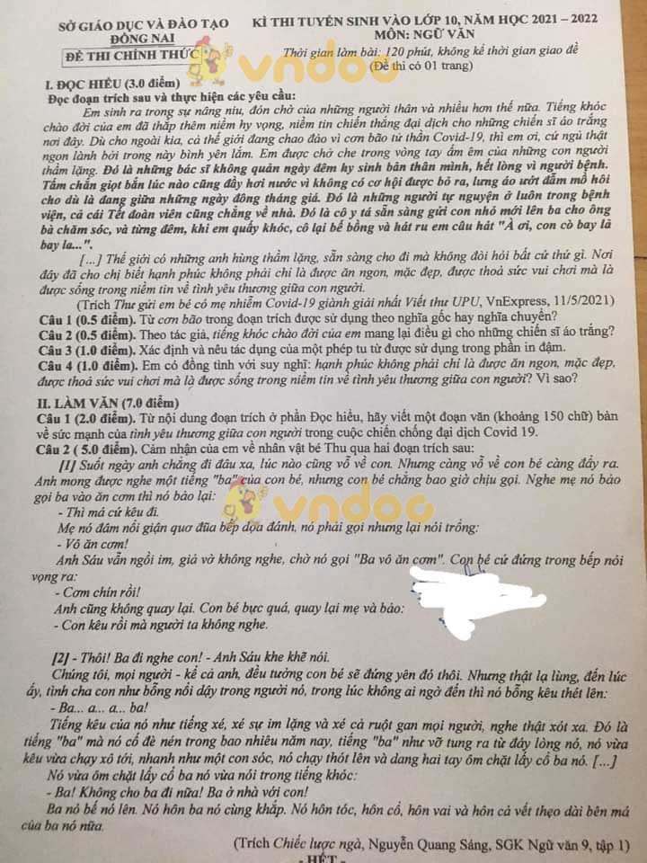 Đề thi tuyển sinh lớp 10 môn Văn tỉnh Đồng Nai năm 2021