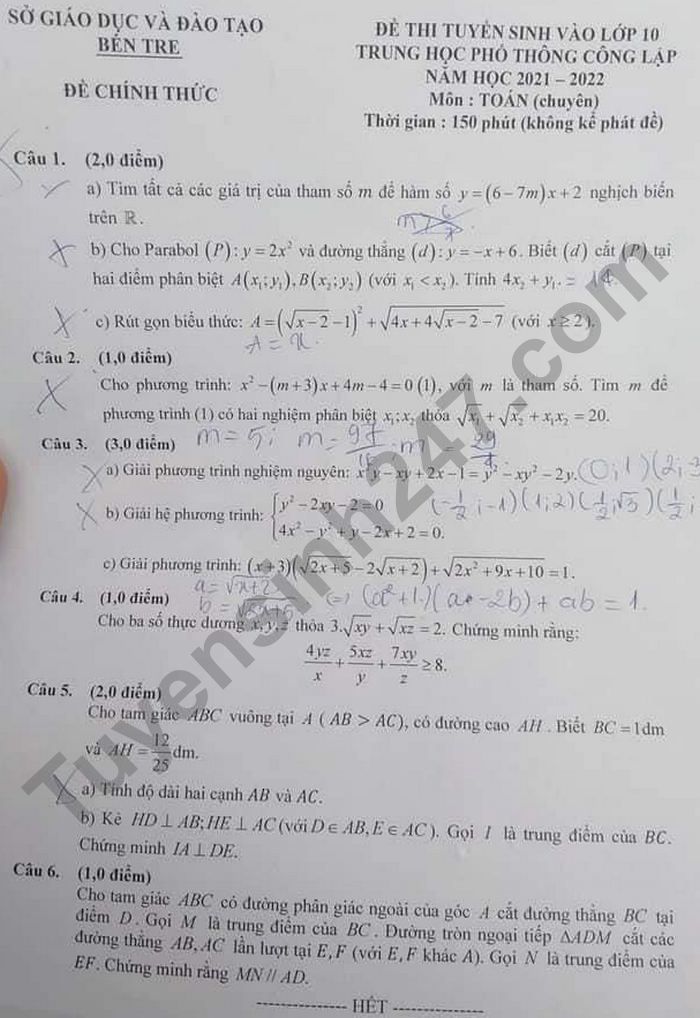 Đề thi vào lớp 10 năm 2021 tỉnh Bến Tre môn Toán Chuyên