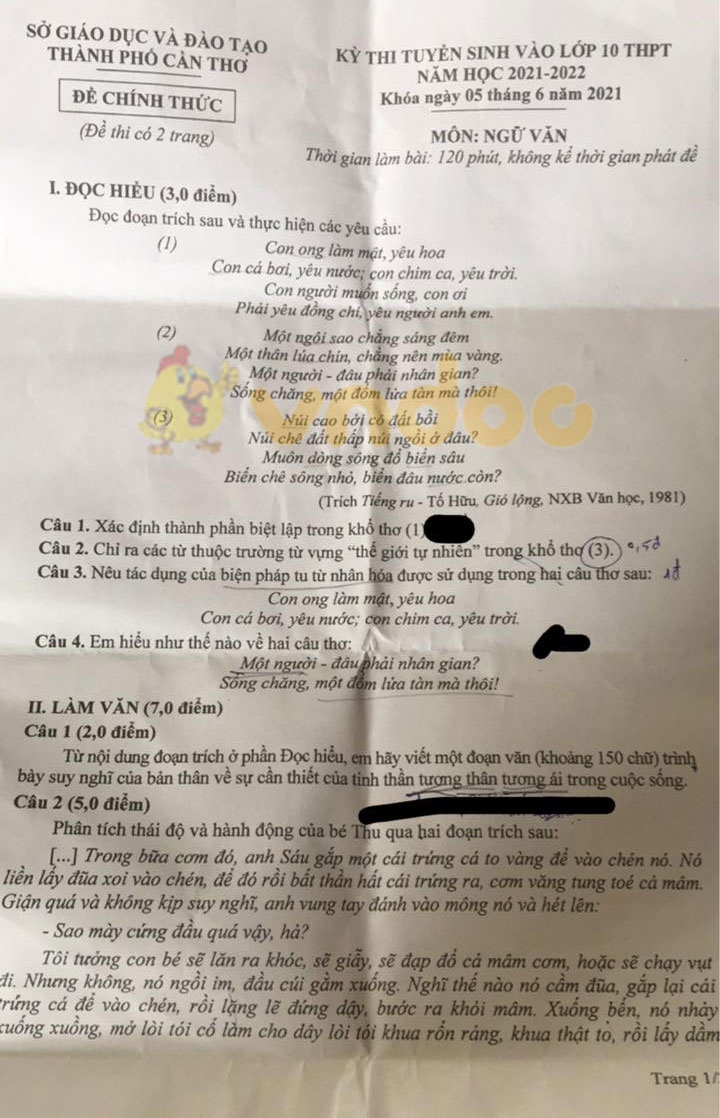 Đề thi tuyển sinh lớp 10 môn Văn tỉnh Cần Thơ năm 2021