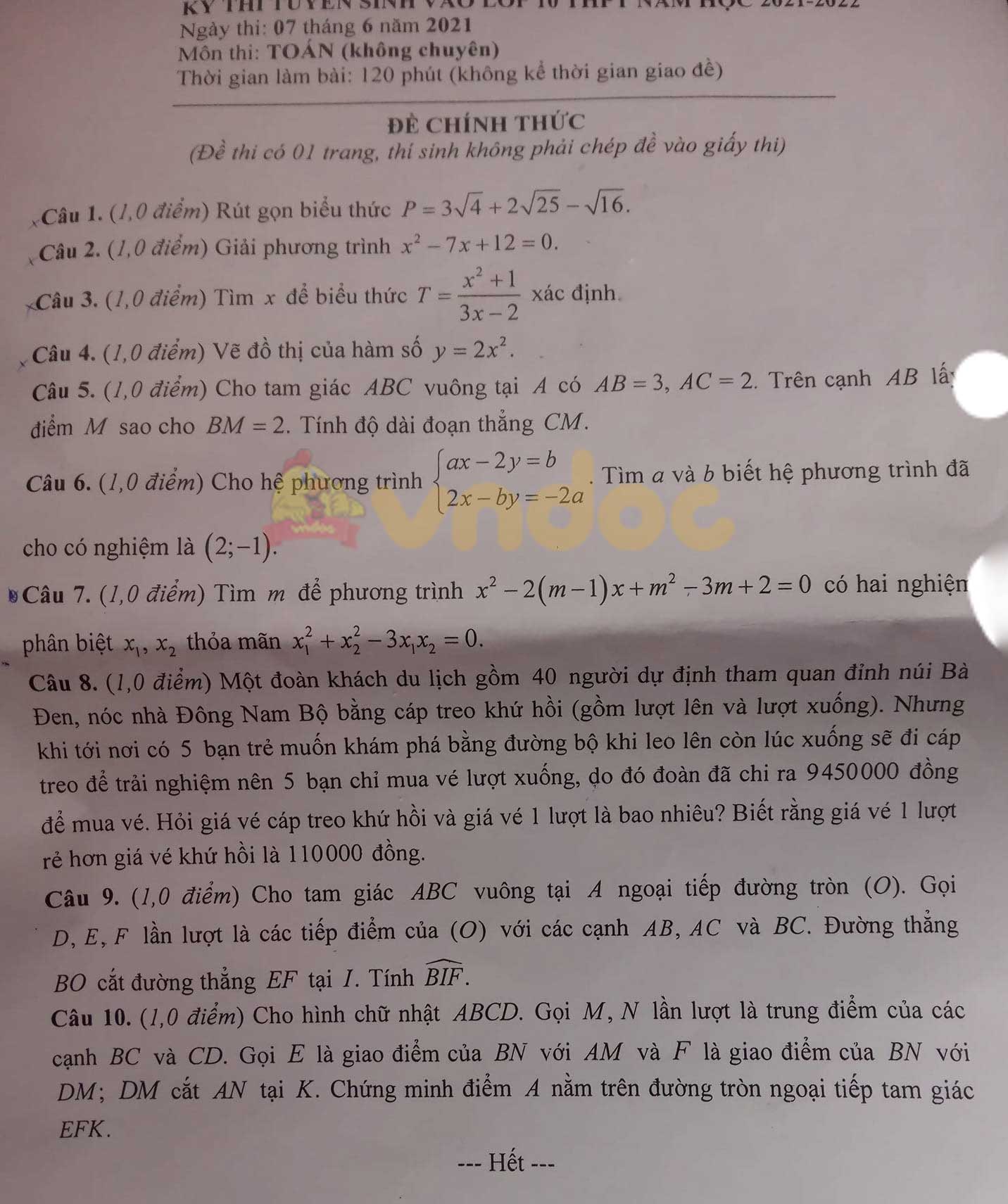 Đề thi vào lớp 10 môn Toán tỉnh Tây Ninh năm 2021