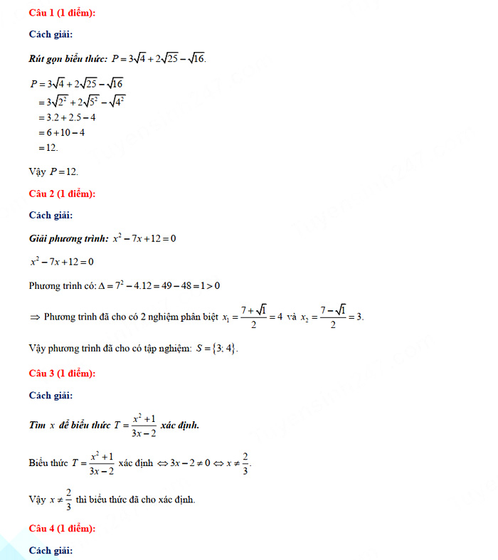 Đáp án đề thi vào lớp 10 môn Toán tỉnh Tây Ninh năm 2021